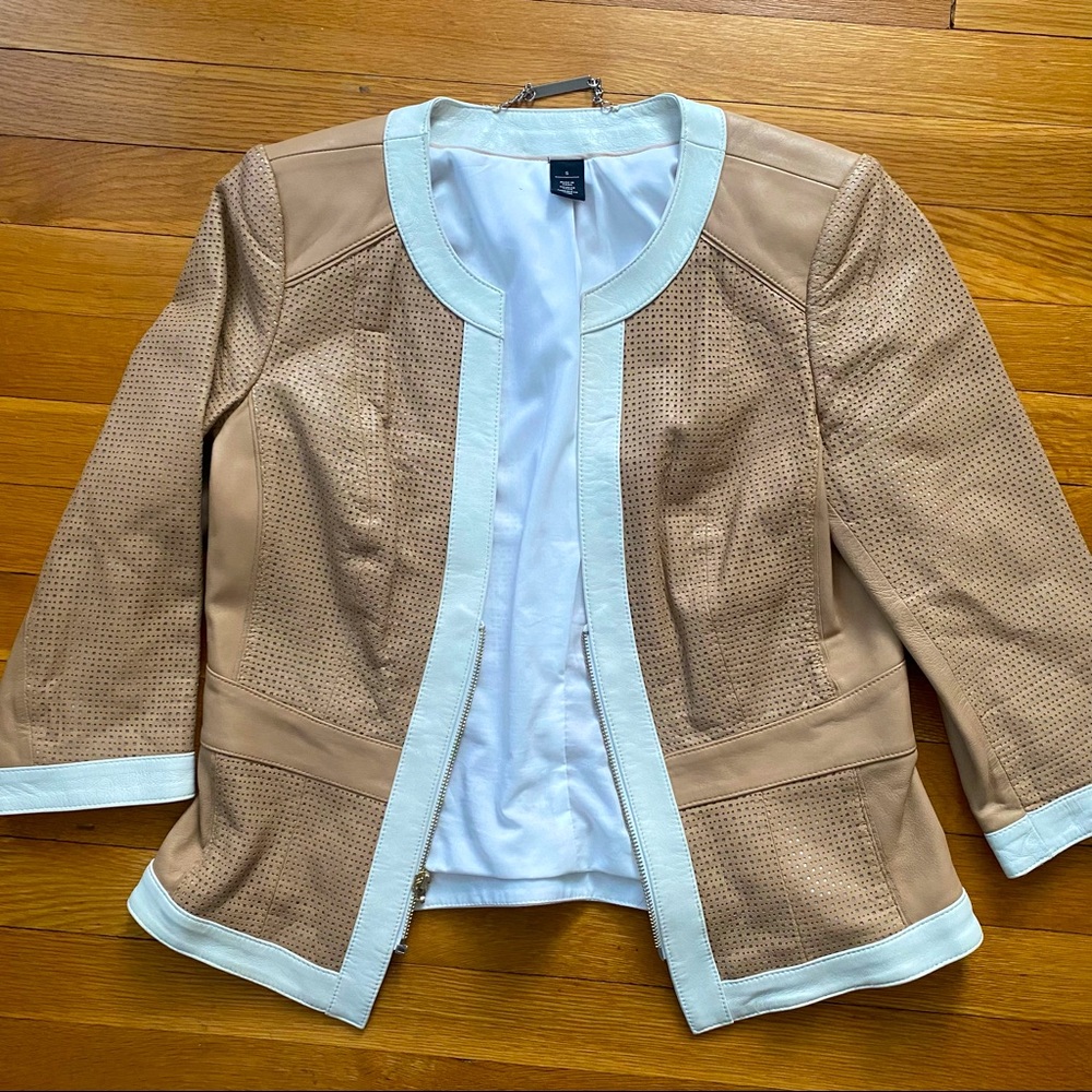 Tan and White Summer Leather Jacket White House Black Market